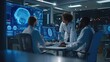 © N_K - Futuristic hospital laboratory with doctors and scientists examining brain scan results on advanced digital monitors using artificial intelligence healthcare diagnostic technology