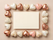 © cato_rium - Blank paper card surrounded by decorative hearts on beige background. Frame made of romantic symbols for greeting card. Valentines Day composition for celebration, love, and affection with copy space.