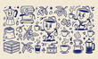 © Avartde - Vector doodle set of coffee cup mascots with cafe equipment and tools. Hand-drawn black line art collection of cartoon coffee characters on a white background