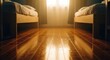 © SashaMagic - Golden Hour Sunlight Gleams on Polished Wooden Floor Between Twin Beds in Minimalist Bedroom