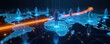 © Vadym - Global network connects people across digital world map. Figures stand on glowing continents linked by light paths. Futuristic technology enables worldwide data flow and communication.