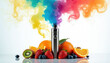 © Vadym - Vape device with colorful smoke, surrounded by fresh strawberries, oranges, blueberries, and kiwi. Fruit flavors combine with vaping experience for modern lifestyle choice.