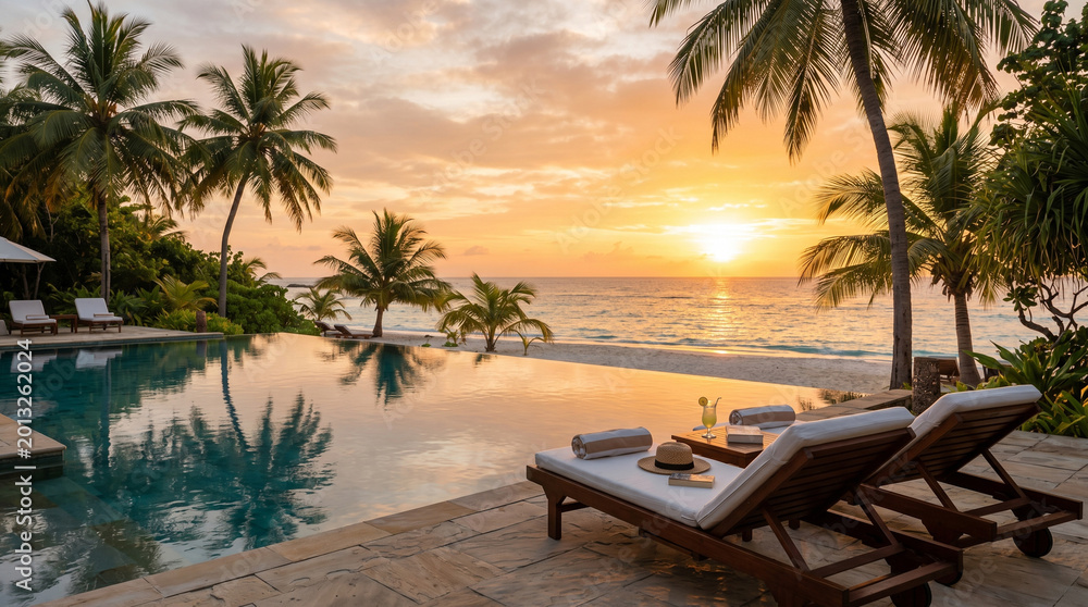 Luxury infinity pool at tropical resort during golden sunset with palm ...