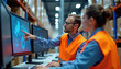 © Vadym - Man and woman in orange vests work at computers in warehouse. They analyze data on screens with charts and graphs, discussing logistics and inventory management for supply chain operations.