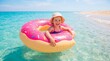 © Anna - Smiling toddler in donut float enjoys a sunny day at the beach, symbolizing carefree childhood and summer leisure.