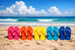 © homydesign - Colorful flip flops lined up on a tropical beach