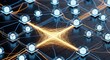 © MopoWe - Network nodes converge into a central golden energy nexus on a dark digital motherboard with sharp focus and beautiful bokeh. Ideal for data science and cloud computing marketing.