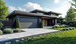 © Pete - Modern dark house with garage door and driveway. Landscaped lawn with manicured bushes and green trees surrounds the property. The architecture features clean lines and a flat roof.