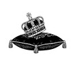 © slowbuzzstudio - Regal monarch crown placed gently on an opulent cushion with fringe detailed black and white illustration