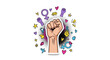 © Thai - Trendy pop art halftone collage element featuring a female hand with a closed fist showing a flexed biceps gesture isolated on a transparent background for creative graphic design and poster art.