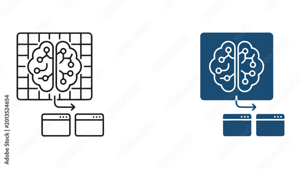 Artificial intelligence brain icon with grid background and data output ...