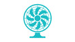 © Delos - A stylized cyan desk fan icon with radial blades and a circular safety cage stands centered against a smooth light blue background in a clean minimalist vector illustration.