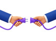 © Taha - 3d illustration of two hands in business suits holding a purple electrical plug and socket, concept of connection, partnership, and collaboration isolated on transparent background