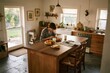© junrong - Person eating breakfast at a wooden kitchen table in a sunlit, rustic home kitchen