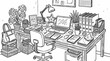 © imammudzakir - Overhead view of a cluttered home office desk with a laptop, plants, and office supplies