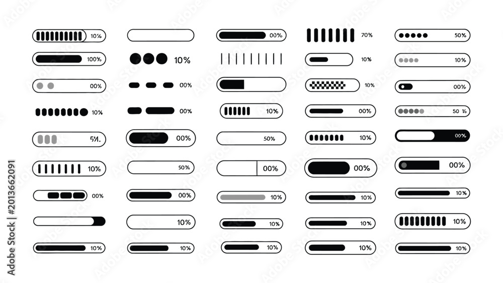 Set of minimalist progress loading bar icons with various styles for ...