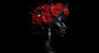 © SvitlanaKvet - A striking artistic profile portrait against a black background. The model has smooth, matte black skin and wears an exquisite Victorian-style earring with intricate metalwork. A crown of bright red