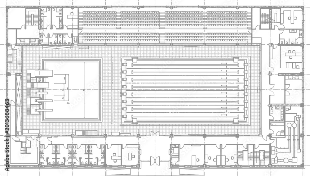 Architectural blueprint of public swimming pool complex, technical ...