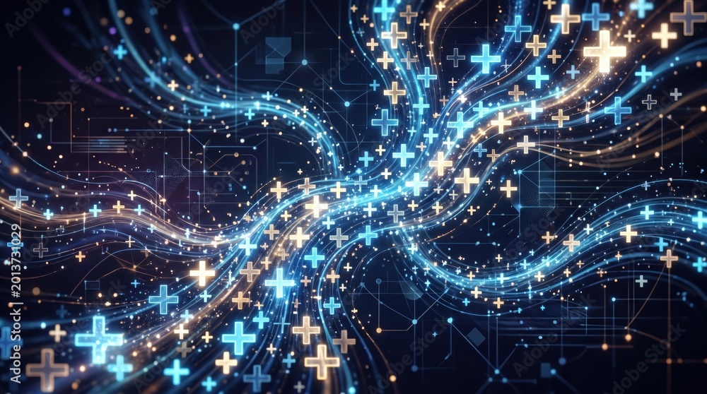 Abstract digital background with glowing plus signs and network lines ...