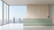 © Selalu - Modern kitchen interior features minimalist design with expansive city views from large windows