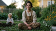 © forenna - Mother in muddy gardening clothes sitting cross-legged on backyard lawn in full parental collapse, toddler happily digging nearby, wide shot of overgrown summer garden under