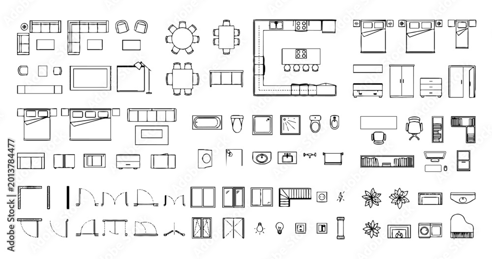 Architectural Floor Plan Symbols Mega Set: Furniture, Bathroom, Kitchen ...