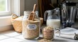 © An - A rustic kitchen scene features a jar of organic oats, a measuring cup filled with oats, a milk pitcher, and a wooden spoon. Natural light streams in from a window, illuminating the scene.