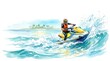 © Phanupong - Person riding personal watercraft on tropical ocean waves watercolor illustration
