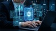 © yura - Business professional using laptop with virtual AI dashboard interface, showcasing artificial intelligence integration, data analytics, workflow automation, and smart business technology innovation.