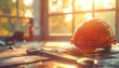 © Anjaynew - Orange hard hat and wrench resting on a wooden surface with warm sunlight filtering through a window, construction or renovation scene, focus on safety and labor