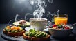 © Farhana  - Hot steaming coffee cup with avocado toast and cereal bowl for breakfast