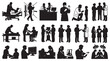 © Ai - Comprehensive black silhouette set of healthcare professionals in diverse medical poses such as performing surgery, examining patients, consulting teams, nursing care, and clinical diagnostics.