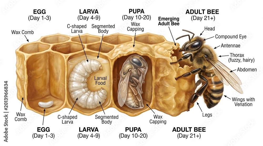 Stock-Illustration „Cross‑section honey bee life cycle diagram inside a ...