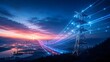 © Ahmed - Futuristic smart grid and high voltage power lines transmitting glowing blue and red energy towards a modern city at sunset. Technology and sustainable electricity concept.