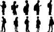 © tahid - Silhouettes of people, black human figures, standing poses, backpacks and bags, white background