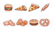 © Md - A Culinary Ensemble: An illustration showcasing a variety of popular food items, from a classic burger to crispy fries, pizza, sausage and pretzel.