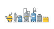 © Tilotoma - A sequence of industrial pressure vessels, storage tanks, and chemical reactors with interconnected piping and pressure gauges are arranged on a plain white background.