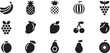 © alimon - Food fruits glyph icon set. Vector pictograms of banana, strawberry, pineapple, watermelon, grapes, mango, blueberries, peach, cherry, lemon, avocado, pear, kiwi, black sign