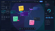 © Антон Сальников - Futuristic UI design workspace with connected data nodes, sticky notes, component library, analytics panels, and dark collaborative canvas