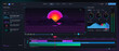 © Антон Сальников - Dark video editing software dashboard vector interface with neon landscape preview, media library, color grading tools, audio meters and timeline