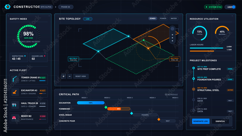 Dark construction project dashboard vector interface with site topology ...