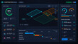 © Антон Сальников - Dark construction project dashboard vector interface with site topology map, safety index, active fleet list, resource gauges and milestone timeline