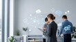 © Erika - Business team collaborating in modern office using transparent screen with cloud computing data network icons, artificial intelligence brain graphic, gears mechanism, charts, and