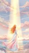 © Erni - A woman with long flowing reddishblonde hair and dress stands amidst soft pastel clouds looking up into bright light beams