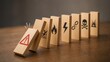 © TransPicHub - A domino with a warning sign triggers a chain reaction of various hazards, symbolizing the consequences of risk and the domino effect.
