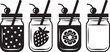 © Kamrun82 - Set of four mason jar drinks, including polka dot, strawberry, orange, and empty jar, vector illustration.