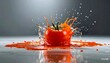 © SG- design - Eine rote Tomate fällt in Wasser auf einen grauen Boden, vor dem Hintergrund eines grauen Raumes mit Lichteinfall.