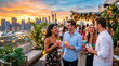© Argiduna - Grupo de amigos disfrutando una fiesta de verano en una azotea de lujo al atardecer con ambiente tropical y estilo premium.