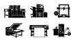 © Towhidul - Industrial Printing Equipment Icons, Manufacturing Machines, 3D Printer, Offset Press, Plotter, Copy Machine, Vector Graphics Set