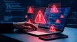 © Asiya - Cybersecurity alert with glowing warning symbols over a laptop screen and hand typing code in a dark room concept